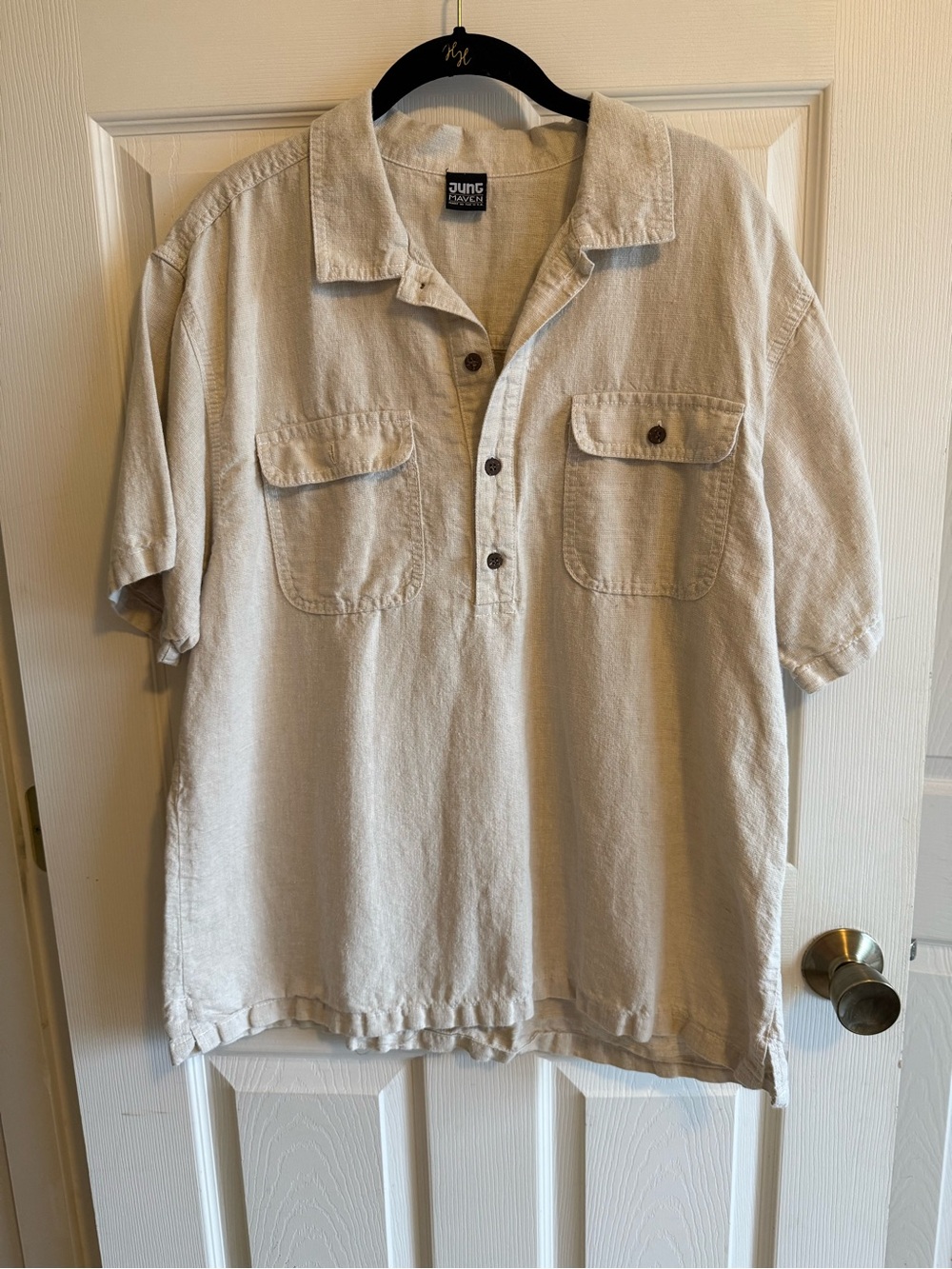 Jungmaven Men’s Classic Short-Sleeve Button Shirt Light Beige Coastal Vibe - L